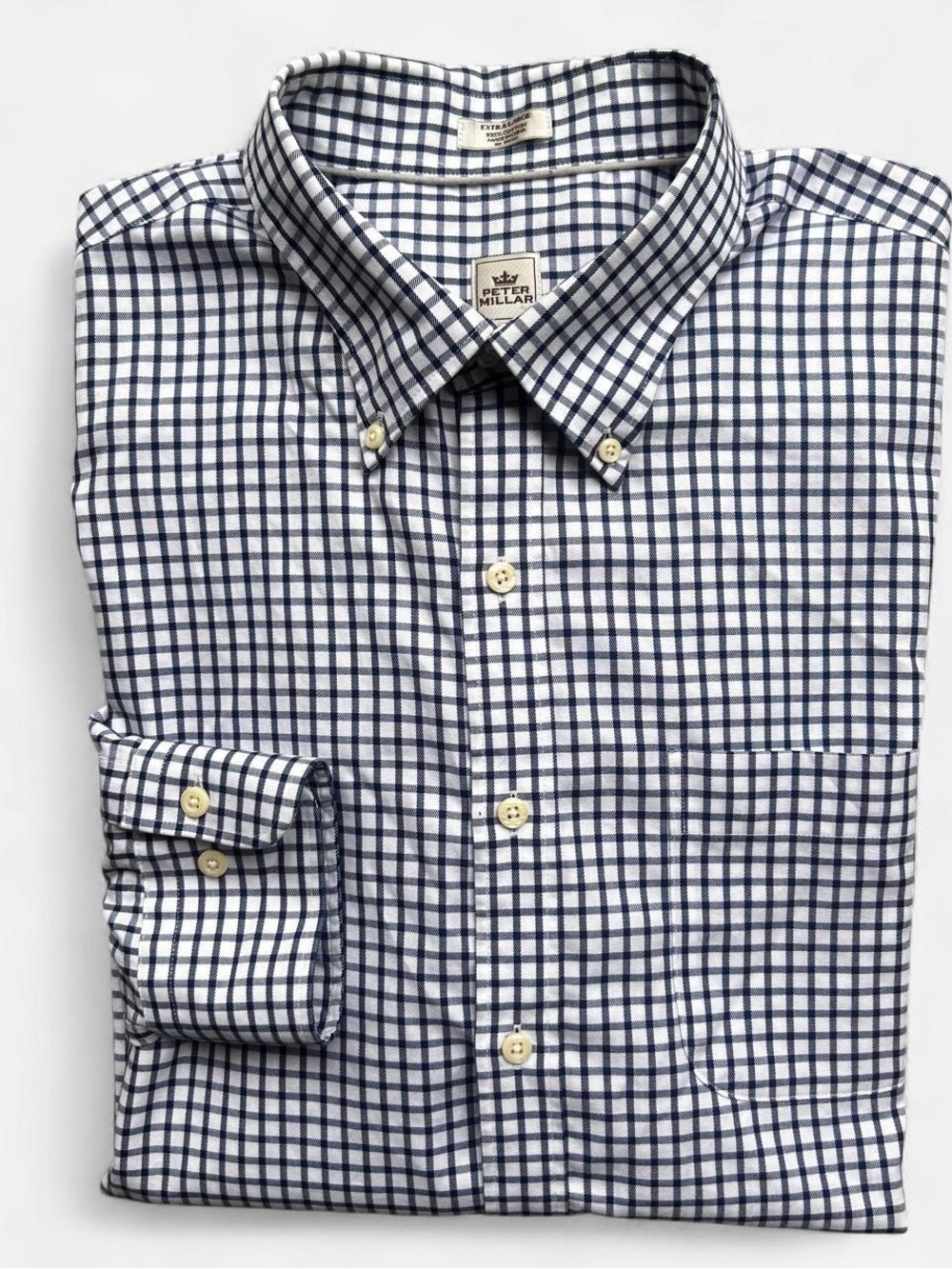 Peter Millar Nanoluxe White and Navy Windowpane Button-Down Shirt